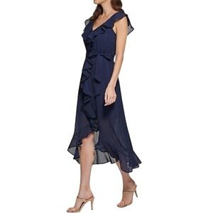 DKNY Sleeveless Faux Wrap Ruffled High-Low Elegant Midi Dress in Navy - Sz 6